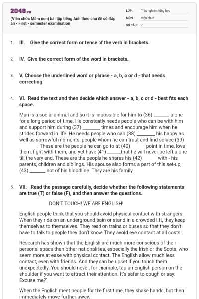 (Viên chức Mầm non) bài tập tiếng Anh theo chủ đề có đáp án - First - semester examination