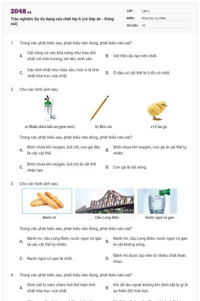 Trắc nghiệm Sự đa dạng của chất lớp 6 (có đáp án - Đúng sai)