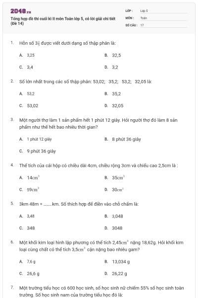Tổng hợp đề thi cuối kì II môn Toán lớp 5, có lời giải chi tiết (Đề 14)