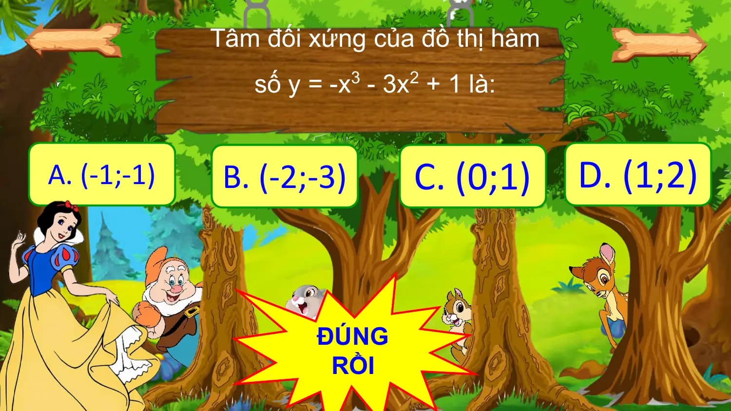 Tâm đối xứng của đồ thị hàm
 số y = -x3 - 3x2 + 1 là:

A. (-1;-1) B. (-2;-3) C. (0;1) D. (1;2)

 ĐÚNG
 RỒI
