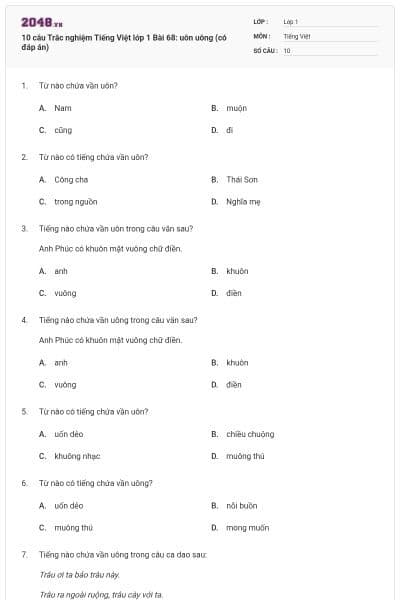 10 câu Trắc nghiệm Tiếng Việt lớp 1 Bài 68: uôn uông (có đáp án)