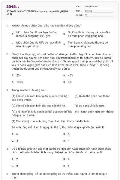 30 Bộ đề thi thử THPTQG Sinh học cực hay có lời giải (Đề số 8)