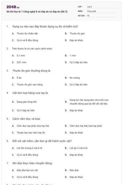 Đề thi Học kì 1 Công nghệ 8 có đáp án có đáp án (Đề 3)