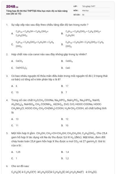 Tổng hợp đề thi thử THPTQG Hóa học mức độ cơ bản nâng cao (đề số 15)