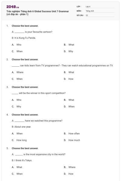 Trắc nghiệm Tiếng Anh 6 Global Success Unit 7 Grammar (có đáp án - phần 1)