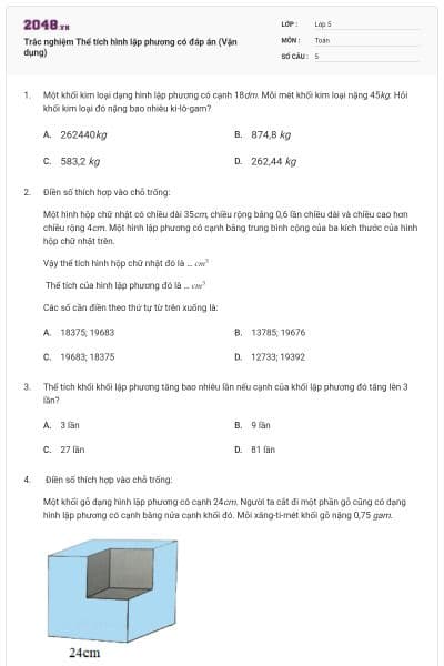 Trắc nghiệm Thể tích hình lập phương có đáp án (Vận dụng)