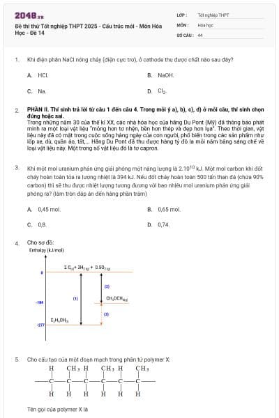 Đề thi thử Tốt nghiệp THPT 2025 - Cấu trúc mới - Môn Hóa Học - Đề 14