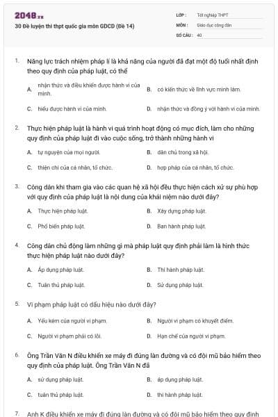 30 Đề luyện thi thpt quốc gia môn GDCD (Đề 14)