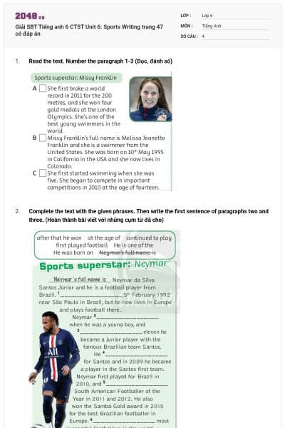 Giải SBT Tiếng anh 6 CTST Unit 6: Sports Writing trang 47 có đáp án