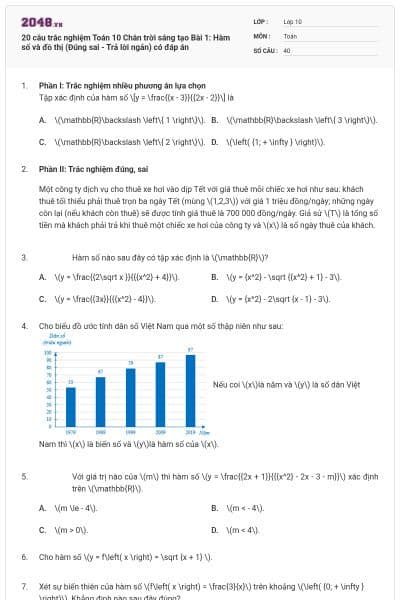 20 câu trắc nghiệm Toán 10 Chân trời sáng tạo Bài 1: Hàm số và đồ thị (Đúng sai - Trả lời ngắn) có đáp án