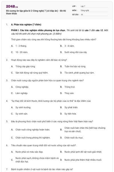 Đề cương ôn tập giữa kì 2 Công nghệ 7 (có đáp án) - Đề thi tham khảo