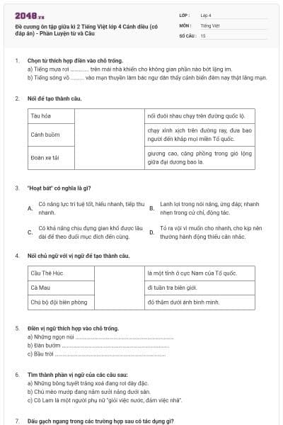 Đề cương ôn tập giữa kì 2 Tiếng Việt lớp 4 Cánh diều (có đáp án) - Phần Luyện từ và Câu