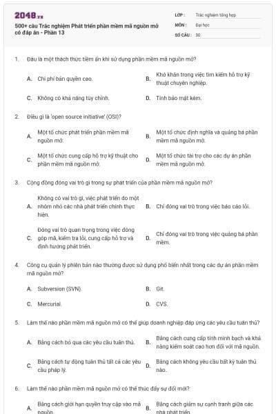 500+ câu Trắc nghiệm Phát triển phần mềm mã nguồn mở có đáp án - Phần 13