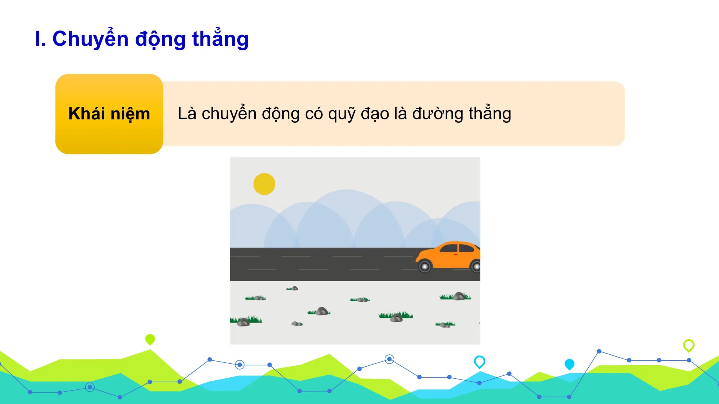 I. Chuyển động thẳng

 Khái niệm Là chuyển động có quỹ đạo là đường thẳng