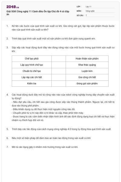 Giải SGK Công nghệ 11 Cánh diều Ôn tập Chủ đề 4 có đáp án