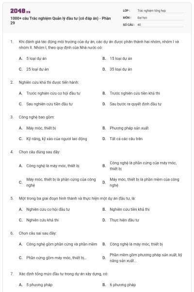 1000+ câu Trắc nghiệm Quản lý đầu tư (có đáp án) - Phần 29