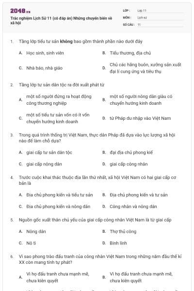 Trắc nghiệm Lịch Sử 11 (có đáp án) Những chuyển biến về xã hội