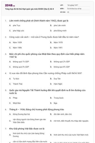 Tổng hợp đề thi thử thpt quốc gia môn KHXH (Địa lí) đề 8