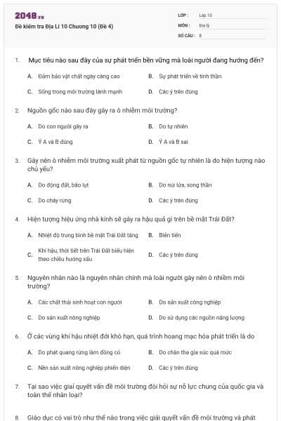 Đề kiểm tra Địa Lí 10 Chương 10 (Đề 4)