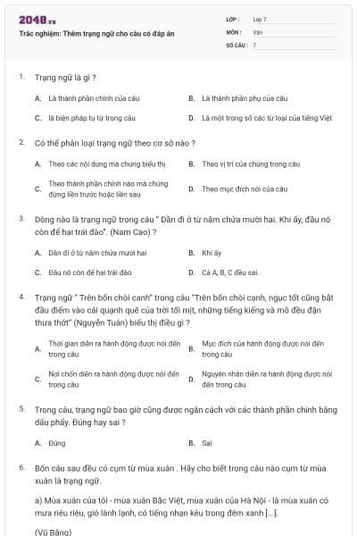 Trắc nghiệm: Thêm trạng ngữ cho câu có đáp án