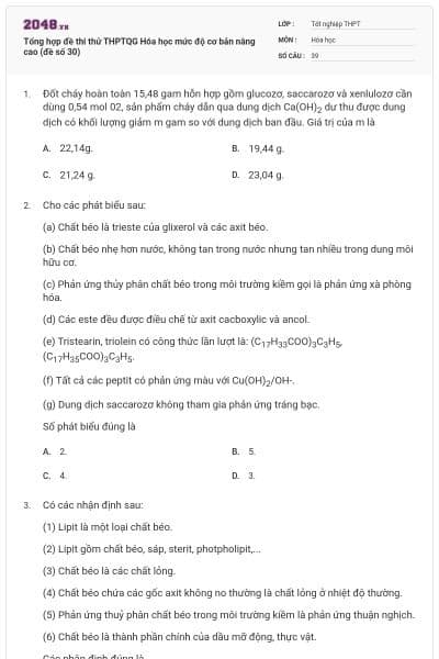 Tổng hợp đề thi thử THPTQG Hóa học mức độ cơ bản nâng cao (đề số 30)