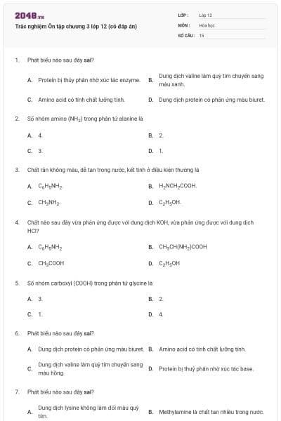 Trắc nghiệm Ôn tập chương 3 lớp 12 (có đáp án)