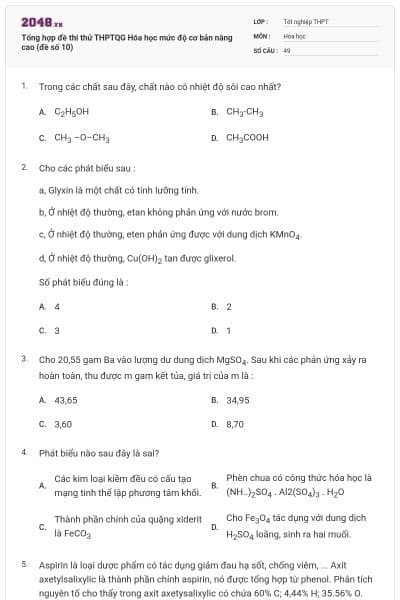 Tổng hợp đề thi thử THPTQG Hóa học mức độ cơ bản nâng cao (đề số 10)