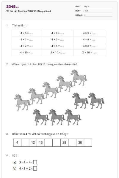 Vở bài tập Toán lớp 2 Bài 95: Bảng nhân 4