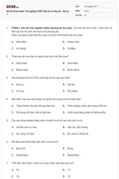 Đề thi tham khảo Tốt nghiệp THPT Địa lý có đáp án - Đề số 1