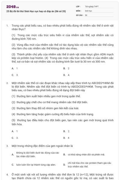 25 Bộ đề thi thử Sinh Học cực hay có đáp án (Đề số 20)