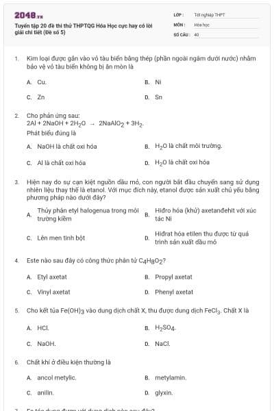 Tuyển tập 20 đề thi thử THPTQG Hóa Học cực hay có lời giải chi tiết (Đề số 5)