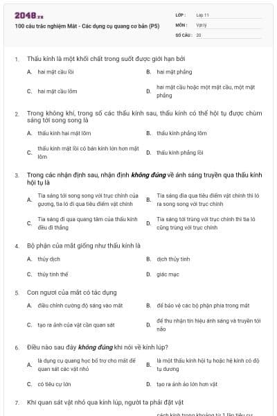 100 câu trắc nghiệm Mắt - Các dụng cụ quang cơ bản (P5)
