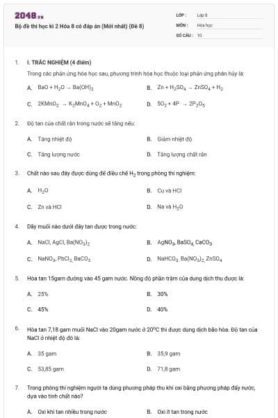 Bộ đề thi học kì 2 Hóa 8 có đáp án (Mới nhất) (Đề 8)