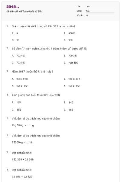 Đề thi cuối kì I Toán 4 (đề số 25)