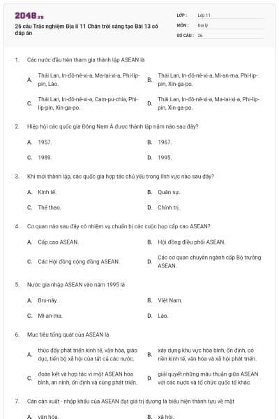 26 câu Trắc nghiệm Địa lí 11 Chân trời sáng tạo Bài 13 có đáp án