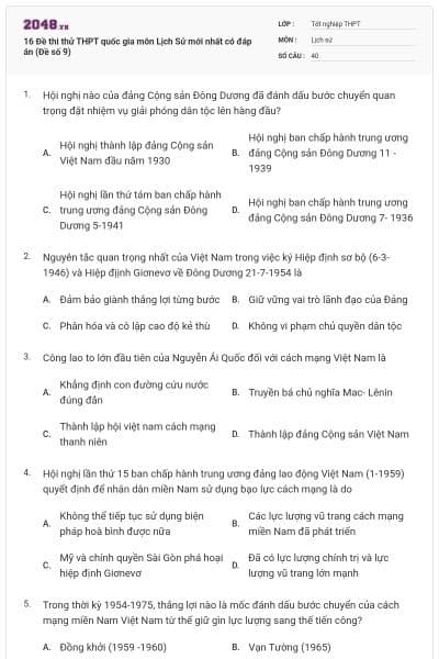 16 Đề thi thử THPT quốc gia môn Lịch Sử mới nhất có đáp án (Đề số 9)