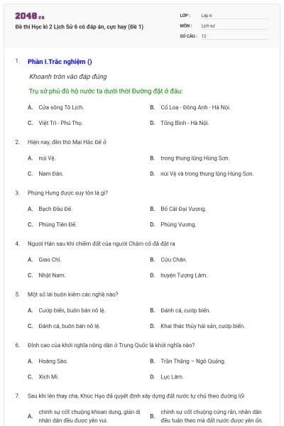 Đề thi Học kì 2 Lịch Sử 6 có đáp án, cực hay (Đề 1)