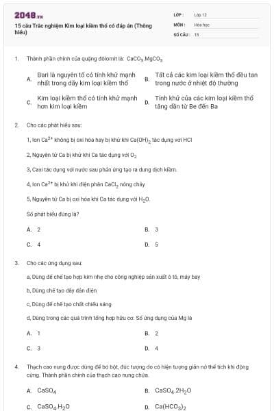 15 câu Trắc nghiệm Kim loại kiềm thổ có đáp án (Thông hiểu)