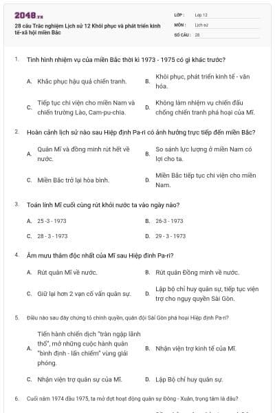 28 câu Trắc nghiệm Lịch sử 12 Khôi phục và phát triển kinh tế-xã hội miền Bắc