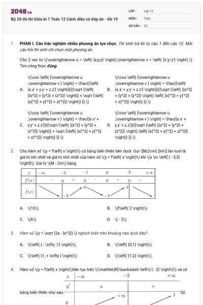 Bộ 20 đề thi Giữa kì 1 Toán 12 Cánh diều có đáp án - Đề 19