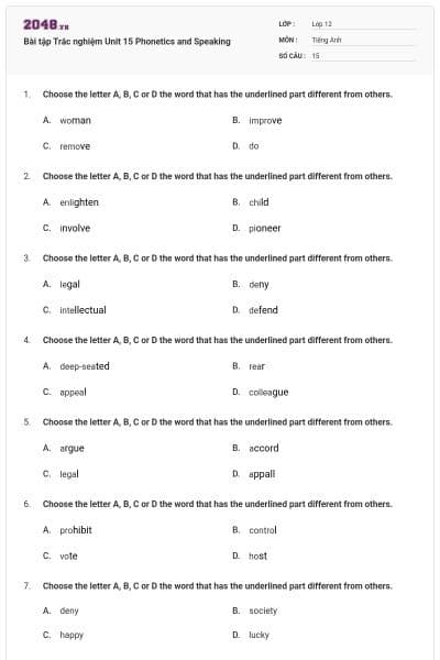 Bài tập Trắc nghiệm Unit 15 Phonetics and Speaking