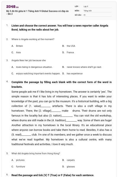 Bộ 5 đề thi giữa kì 1 Tiếng Anh 9 Global Success có đáp án - Đề 2