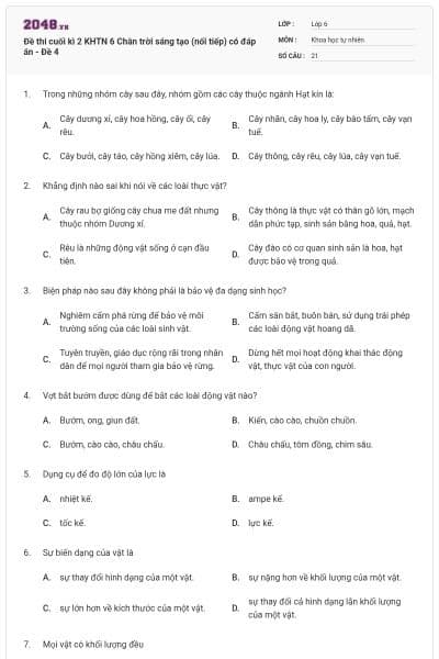 Đề thi cuối kì 2 KHTN 6 Chân trời sáng tạo (nối tiếp) có đáp án - Đề 4