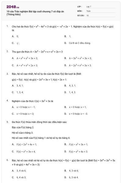 10 câu Trắc nghiệm Bài tập cuối chương 7 có đáp án (Thông hiểu)