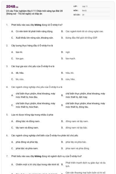23 câu Trắc nghiệm Địa lí 11 Chân trời sáng tạo Bài 28 (Đúng sai - Trả lời ngắn) có đáp án