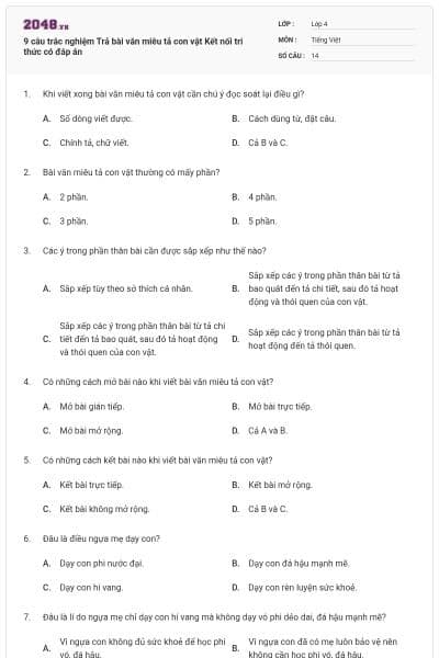 9 câu trắc nghiệm Trả bài văn miêu tả con vật Kết nối tri thức có đáp án