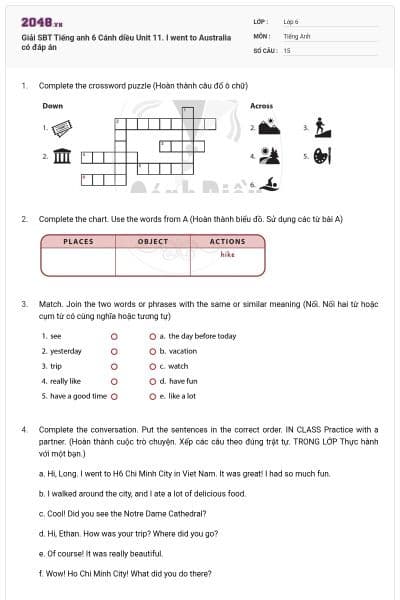 Giải SBT Tiếng anh 6 Cánh diều Unit 11. I went to Australia có đáp án