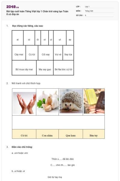 Bài tập cuối tuần Tiếng Việt lớp 1 Chân trời sáng tạo Tuần 8 có đáp án