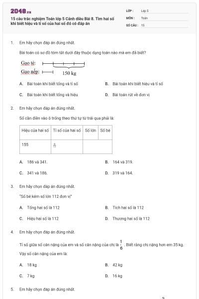 15 câu trắc nghiệm Toán lớp 5 Cánh diều Bài 8. Tìm hai số khi biết hiệu và tỉ số của hai số đó có đáp án