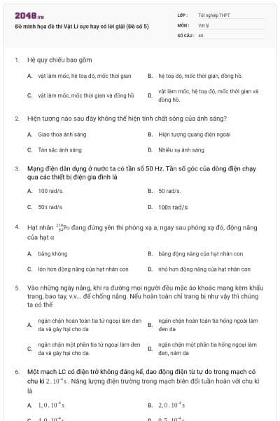 Đề minh họa đề thi Vật Lí cực hay có lời giải (Đề số 5)